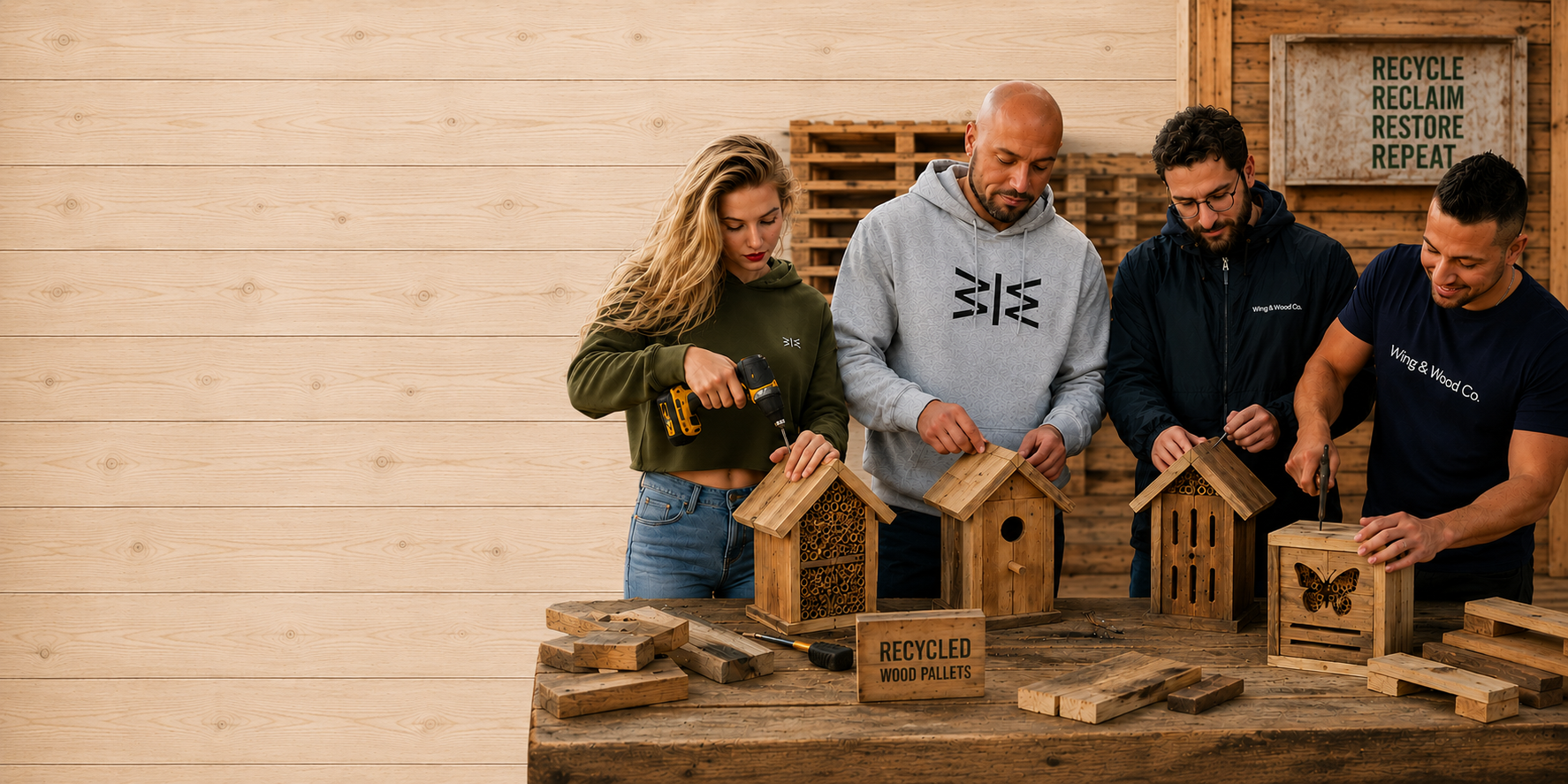 Four people standing behind a wooden workbench, assembling rustic recycled wood birdhouses. The background is a light wood-paneled wall with a sign that reads 'RECYCLE RECLAIM RESTORE REPEAT'.
