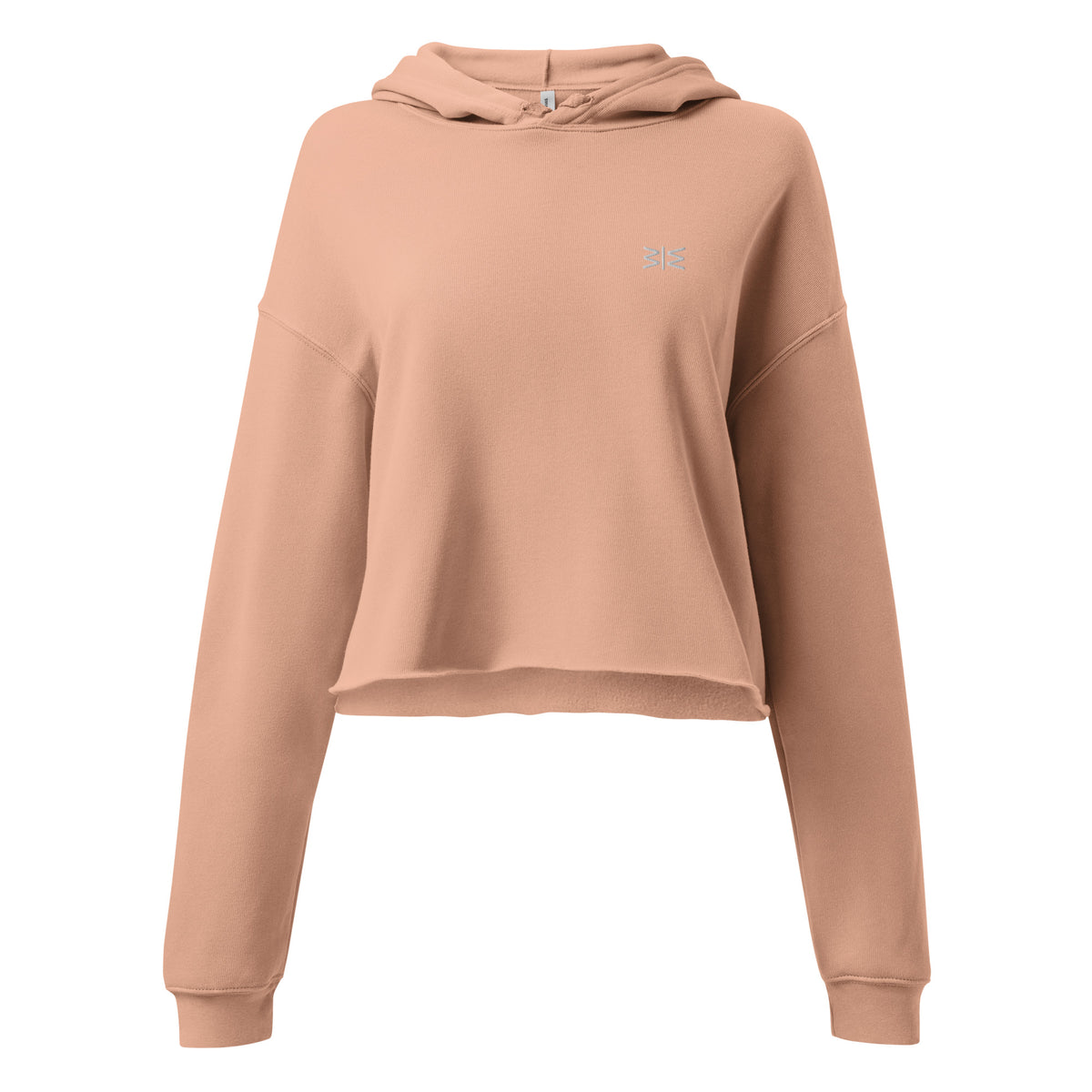 Beige hoodie with white text on a white background