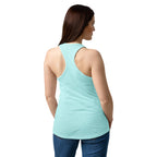 Woman wearing a light blue tank top on a white background