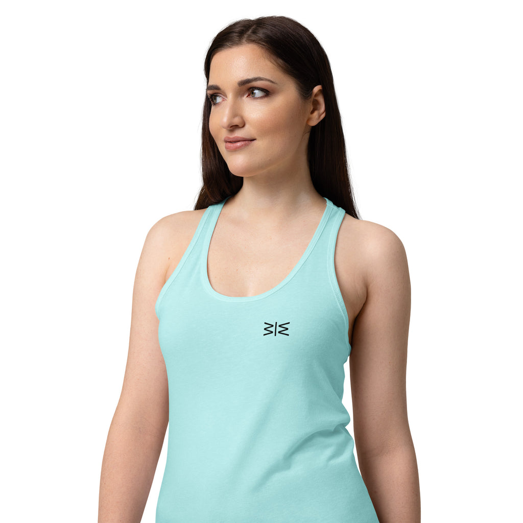Woman wearing a light blue tank top with a logo on a white background