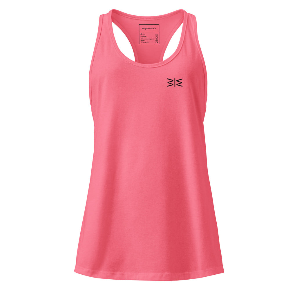 A coral pink racerback tank top with a small black embroidered logo on the left chest, displayed on a clean white background.