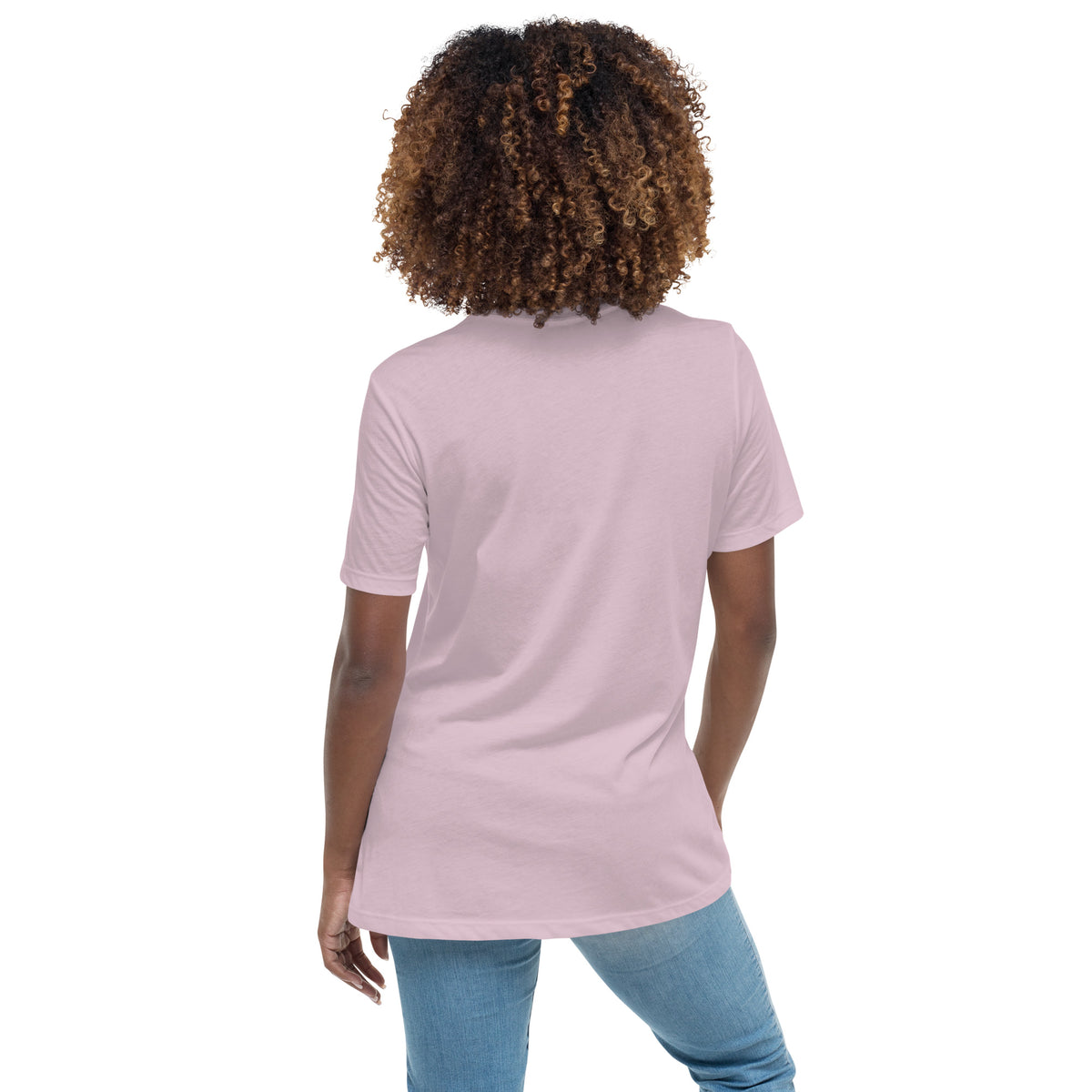 Person wearing a light pink t-shirt and blue jeans on a white background