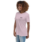 Woman wearing a pink t-shirt with a small design on a white background