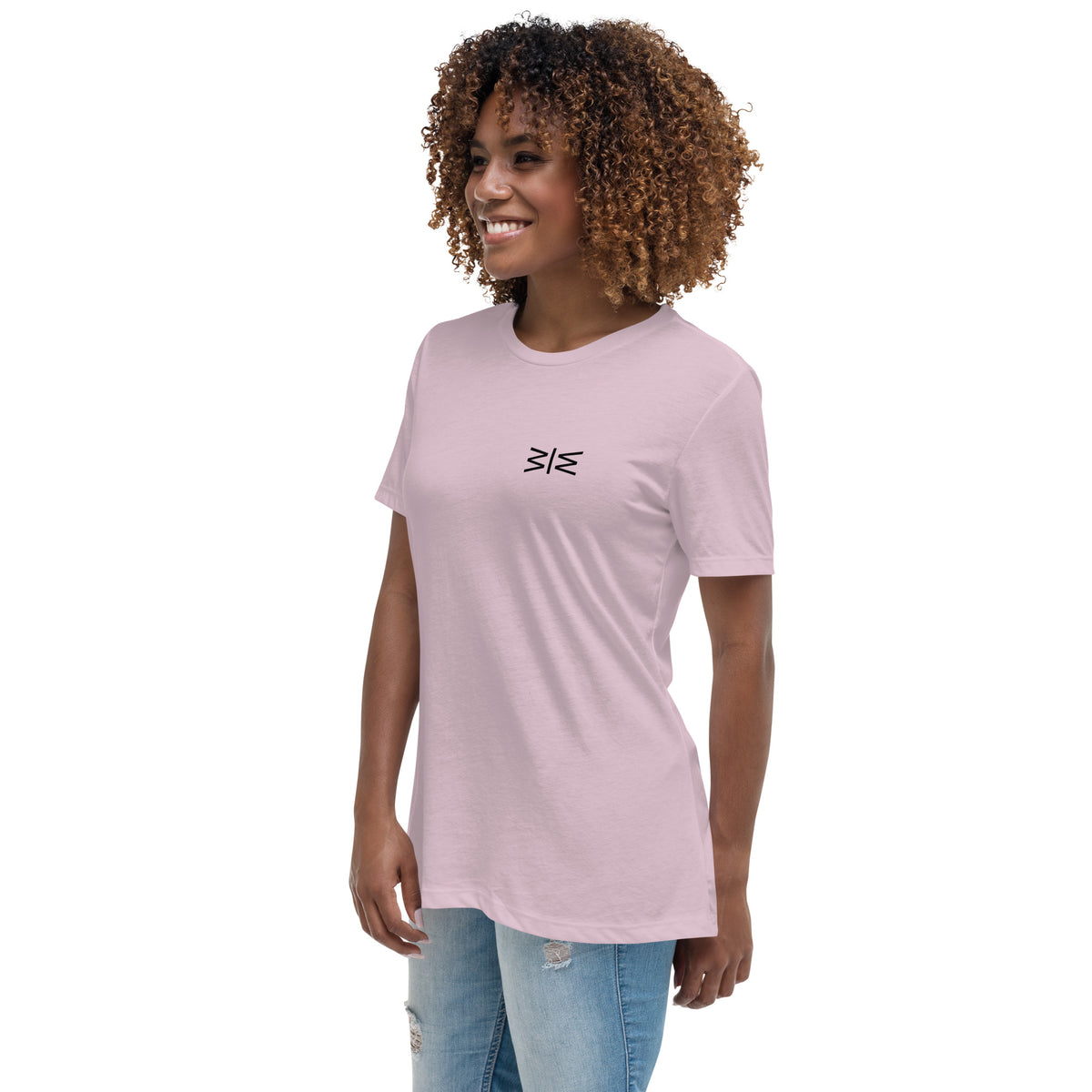 Woman wearing a pink t-shirt with a small design on a white background