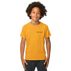 Child wearing a yellow t-shirt with text on a white background